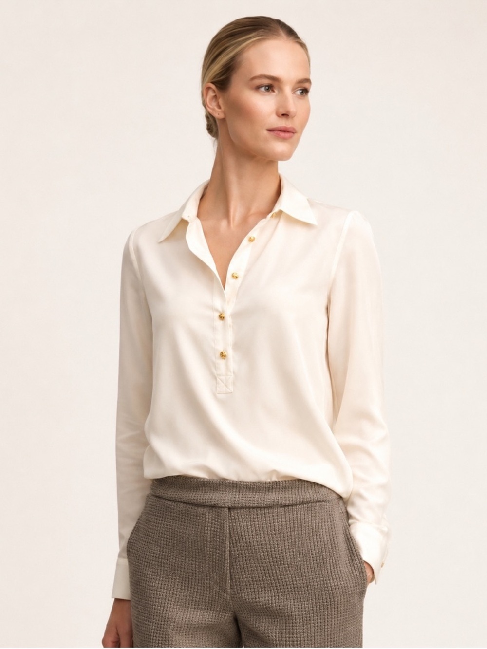 Tory Burch 100% Silk Popover Long Sleeve Blouse Double T Buttons Size 4